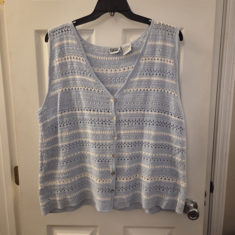 Capacity sz 2X blue/wht button up lightweight open knit sweater vest cottagecore